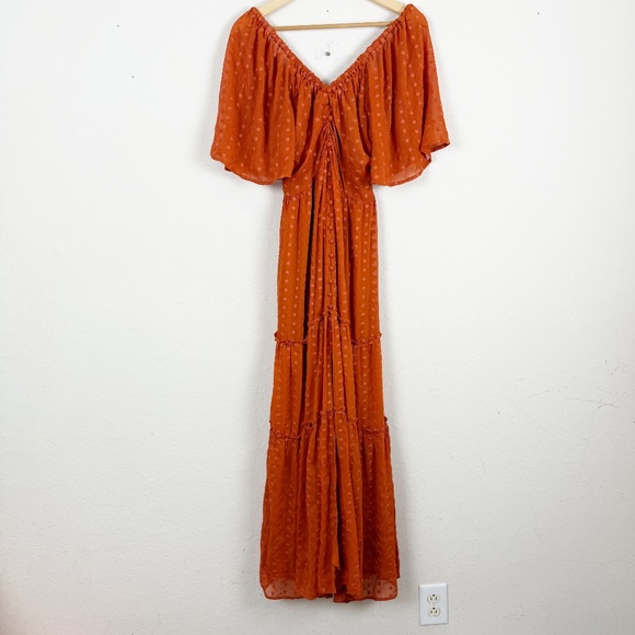 Anthropologie Ruched Orange Tiered Open Back Dress Size Medium - Picture 3 of 8